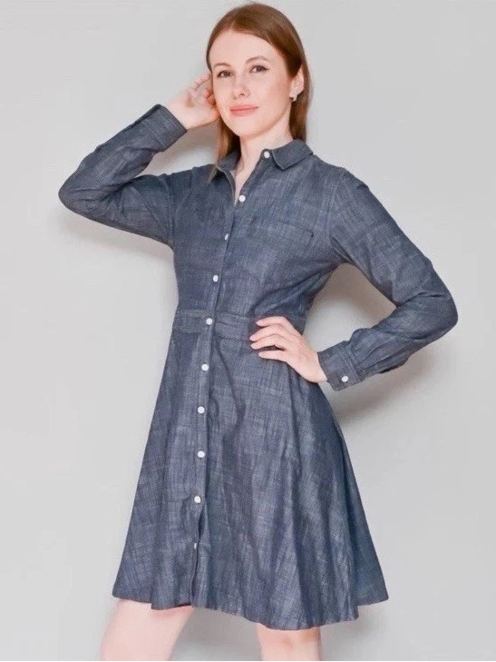 Chambray Blue Denim Button-Front Shirt Dress